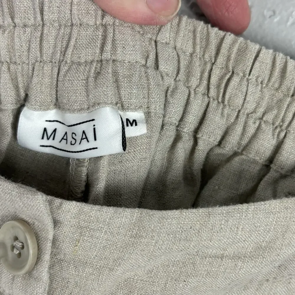MASAI Pant Womens 100% Linen Wide Lantern Leg Crop Neutral Beige Size M